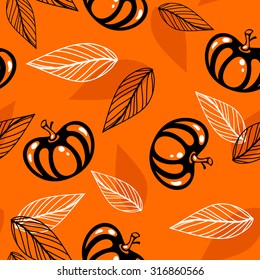 Seamless autumn pattern with maple leaves and pumpkins
