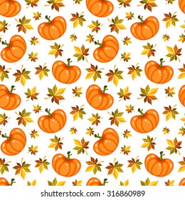 Seamless autumn pattern with maple leaves and pumpkins