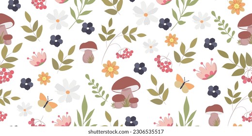 Seamless autumn pattern with meadow flowers, rowan branches. Perfect for printing on fabric and decorating a children's room.