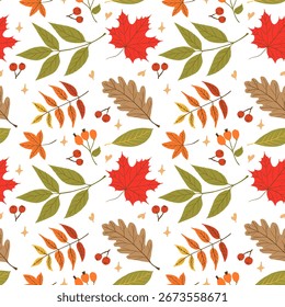 Seamless autumn pattern with a mix of colorful fall leaves and red berries. Includes maple, oak, chestnut, and rowan leaves in warm shades of red, orange, green, and brown.