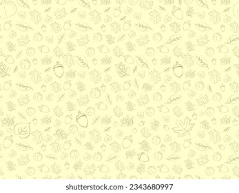 Seamless Autumn pattern in mocha and Ivory colors. Hand drawn Fall elements pumpkin, acorn, leaves, nuts, maple leaf, flowers, birch leaves. Horizontal Fall pattern. Vector Illustration. EPS 10.