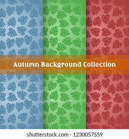 seamless autumn pattern with monstera maple palm leaves icons in flat style design. silhouette and border sketch objects. set colorful background. cartoon texture template collection