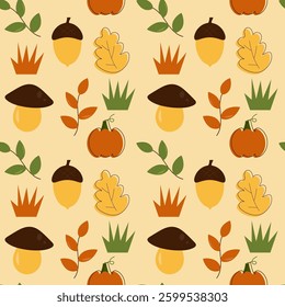 Seamless autumn pattern with mushroom, leaves and acorn