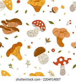 Seamless autumn pattern with mushrooms, acorns, leaves. Fly agaric, boletus and leaf fall on a white background.
