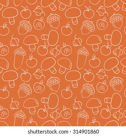 Seamless autumn pattern with mushrooms, acorns, apples and physalis. Vector illustration.