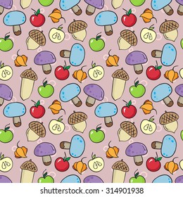 Seamless autumn pattern with mushrooms, acorns, apples and physalis. Vector illustration.