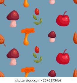 Seamless autumn pattern with mushrooms, apple and rosehip berries on a blue background. Flat vector illustration.