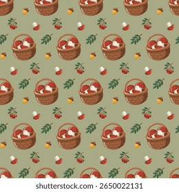 Padrão contínuo de outono com cogumelos, cesta e bolotas. Design de papel digital vetorial de desenhos animados 