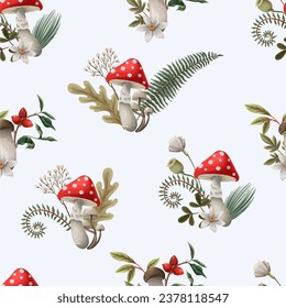 Seamless autumn pattern with mushrooms, fern and berries. Vector