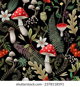 Seamless autumn pattern with mushrooms, fern and berries. Vector