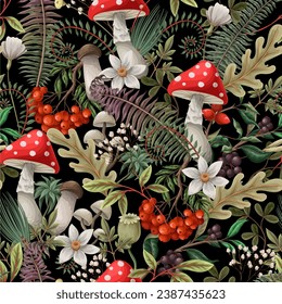 Seamless autumn pattern with mushrooms, fern and berries. Vector