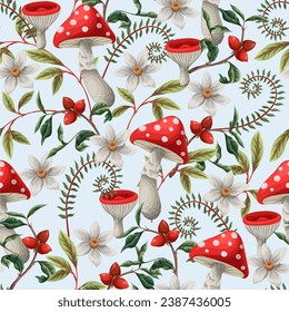 Seamless autumn pattern with mushrooms, fern and berries. Vector