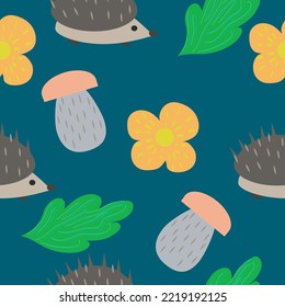 Seamless autumn pattern: mushrooms, hedgehogs, leaves, flowers.