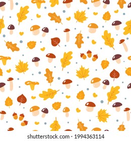 Seamless autumn pattern with mushrooms and leaves on a white background.