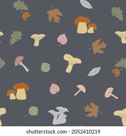Seamless autumn pattern with mushrooms and leaves on a dark background