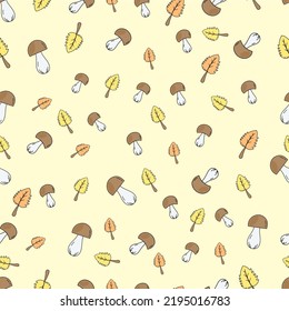 Seamless autumn pattern mushrooms and leaves. Pattern for packaging, textiles.
