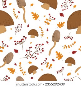 
Seamless autumn pattern with mushrooms, leaves and berries. Cozy vector illustration. Different types of mushrooms, red viburnum berries, yellow and red leaves on an isolated background. 