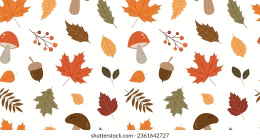 Seamless autumn pattern with mushrooms, leaves, acorns