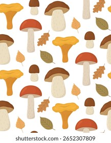 Seamless autumn pattern with mushrooms and leaves. Cozy fall background