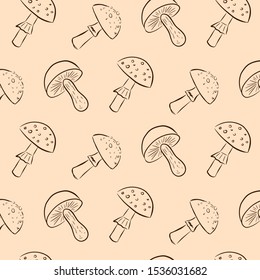 Seamless autumn pattern with mushrooms on a beige background, fly agaric on a beige background. vector pattern for design.