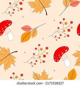 Patrón de otoño sin foco de hongos, ramas de rowan y hojas.  Perfecto para papel tapiz, papel de regalo, relleno de patrones, fondo de página web, tarjetas de felicitación de otoño. Ilustración vectorial.