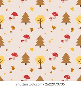 Seamless autumn pattern with mushrooms, trees and leaves on a beige background