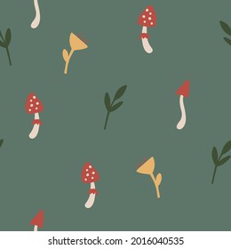 Seamless autumn pattern with mushrooms and twigs. Autumn forest. Abstract minimalistic Floral background. Perfect for baby design for fabric, print, wrapper, textile. Vector illustration flat style
