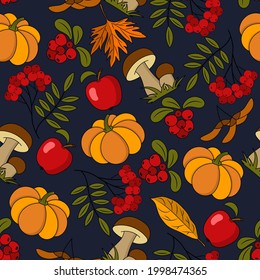 Seamless autumn pattern with natural elements on dark background. Vector