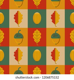 Seamless autumn pattern. Natural print. Flat design. Mosaic of squares, acorns, oak leaves.