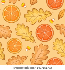 Seamless autumn pattern with oak leaves and slices of oranges for fabric, wallpaper, textile, greeting card, gift box, web design.