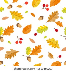 Seamless autumn pattern Oak leaves acorns berries