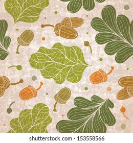 Seamless autumn pattern with oak leaves and acorns. Vector illustration.