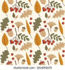 Patrón otoñal sin foco con hojas de roble, bayas y bellotas. Vector. Fondo de caricatura colorido de estilo plano.