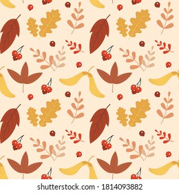 Seamless autumn pattern with oak leaves, berries. Vector. Colorful cartoon background in flat style. Fall texture. Autumn elements to create seamless background.