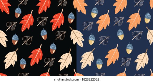 Seamless autumn pattern, oak leaves acorns, dry leaf patern concept