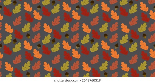 Padrão de outono sem costura de folhas de carvalho e bolotas em cinza escuro. Ideal para cenários de mesa de Ação de Graças, decoração de jantar, festas infantis e celebrações festivas de outono.