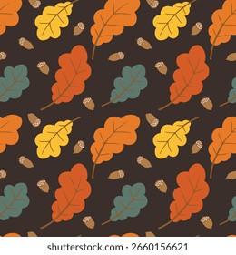 Seamless autumn pattern with oak leaves in warm colors and scattered acorns on dark background. Concept of seasonal foliage, forest harvest and cozy fall design