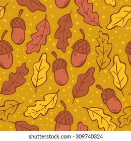 Seamless autumn pattern with oak leaves and acorns