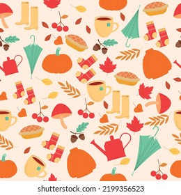 Nahtloses Herbstmuster auf hellem Hintergrund mit Kürbis, Pullover. Vektorgrafik.