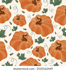 seamless autumn pattern with orange bulging pumpkins with pumpkin seeds and pumpkin leaves on a light background, vector