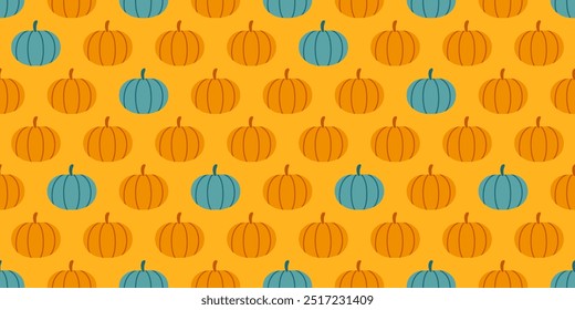 Seamless autumn pattern with orange and green pumpkins on a warm yellow background. Gold harvest backdrop. Halloween, Thanksgiving Day, Harvest. Perfect for seasonal designs, textiles, wrapping paper.