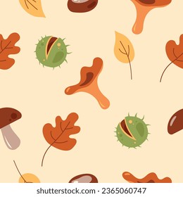 Patrón otoñal sin foco con hojas, setas y castañas anaranjadas. Ilustración vectorial plana