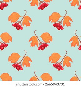 Patrón de otoño sin fisuras con hojas naranjas y bayas rojas sobre fondo azul claro, Ilustración vectorial