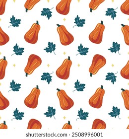 Seamless autumn pattern with orange pumpkins, green leaves, and yellow stars on a white background.