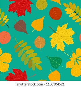 Seamless Autumn pattern Orange, yellow, brown red fall forest rowan, birch, tree leaves and herbs. Wallpaper, background beautiful, cute, trendy bright print