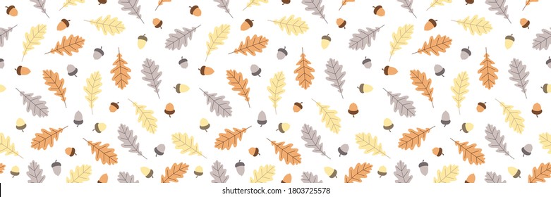 Seamless autumn pattern with orange, yellow and grayish oak leaves and acorns on light background. Vector illustration.