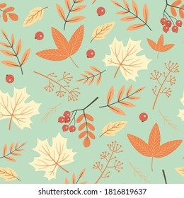 Seamless autumn pattern with orange and yellow leaves, berries. Vector. Pastel cartoon background in flat style. Fall texture. Autumn elements to create seamless wallpaper.