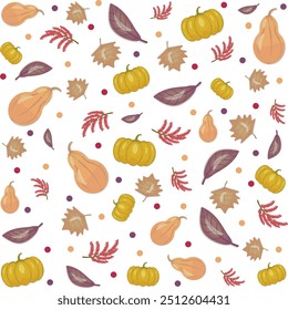 Seamless autumn pattern with orange and yellow pumpkins, leaves, berries and dots of different colors