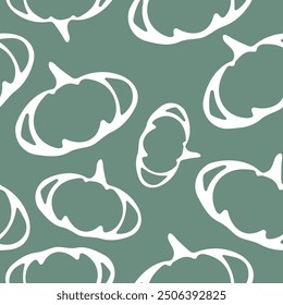 seamless autumn pattern with oval pumpkins drawn with a white outline placed randomly on a blue background, vector