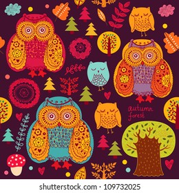 Seamless autumn pattern with owls and trees